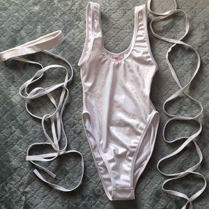 Silver/White bodysuit and leg wraps. Rave set.
